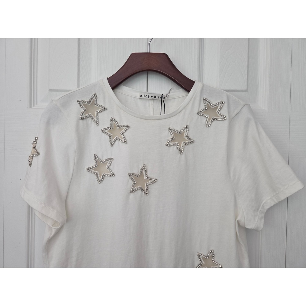 Alice + Olivia T-Shirt Cindy Crystal Star Embellished Women L Off White NWT $225 - Picture 2 of 8